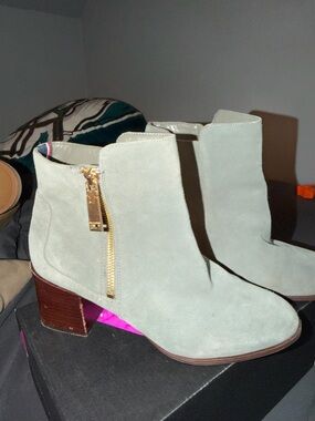 Tommy Hilfiger Sage Green Suede Ankle Boot with Gold Zip